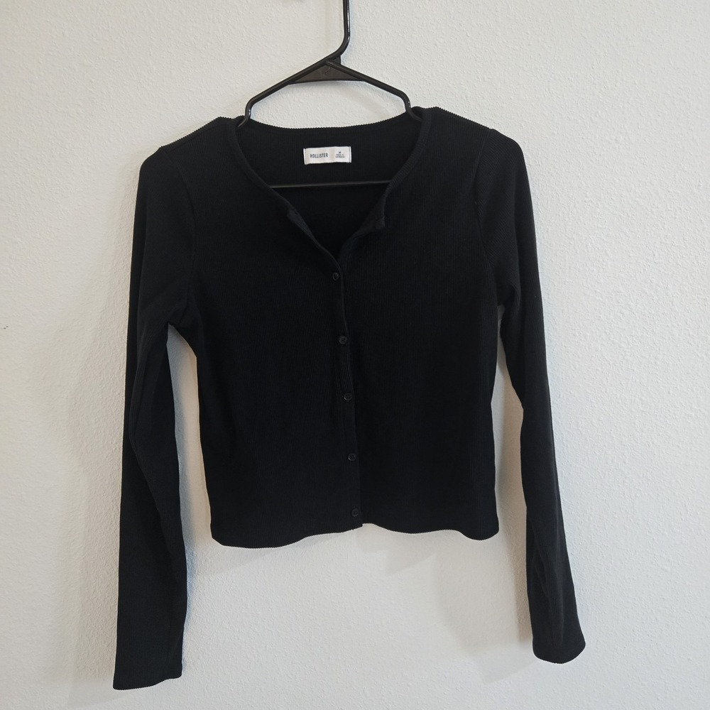 Hollister Womans Long Sleeve Black Ribbed Button Up Shirt Sz M '90s Minimalist